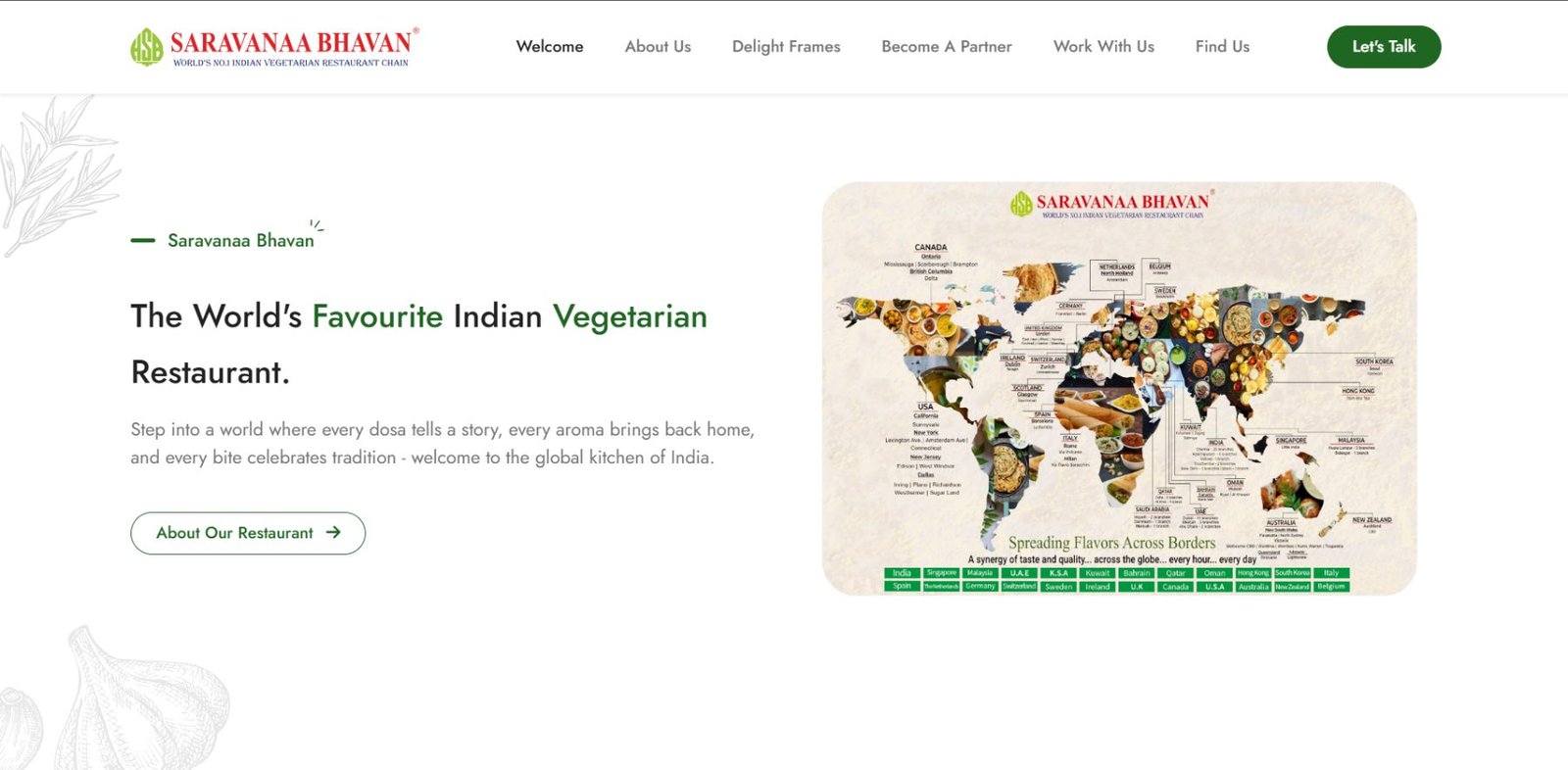 Saravanaa Bhavan — Restaurant brand website presenting the menu, locations and brand story.